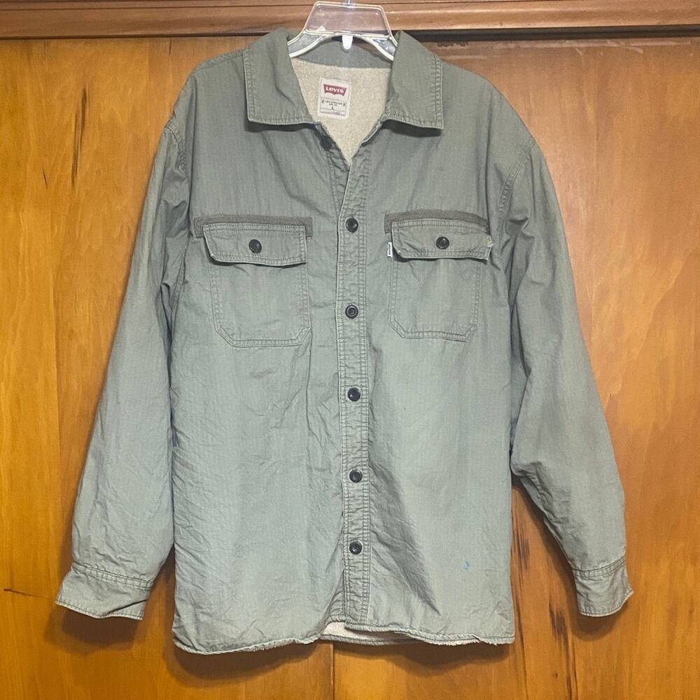 Thrashed Levi's Olive Green Jacket Shacket Fleece Lined Grunge Workwear Utility